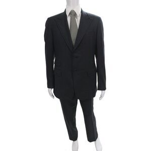 Prada Mens 2 Piece Dark Blue Suit Button Collared Wool Blend Size 52